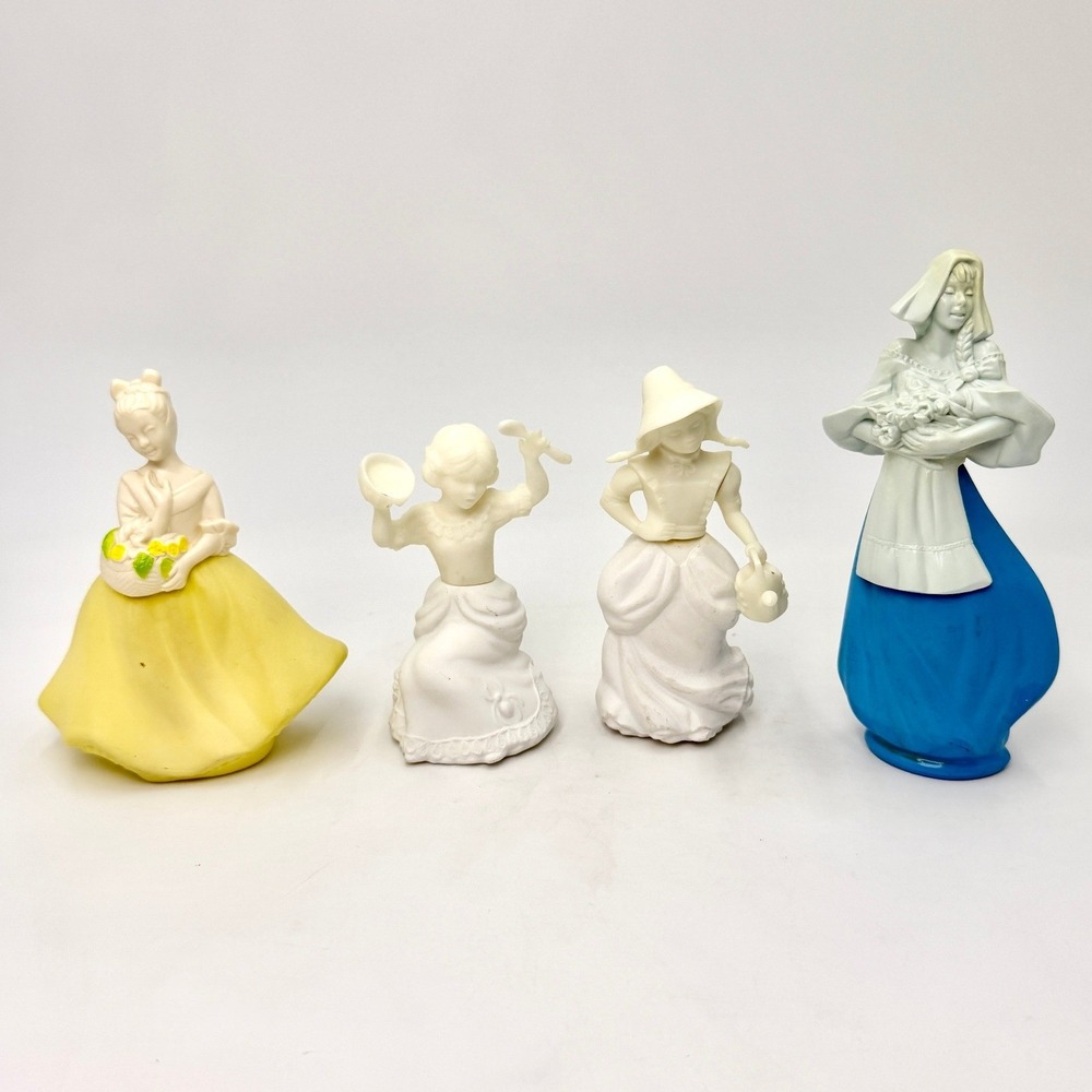 Vintage Avon Figurine Perfume Bottles Set of 4 Women Yellow Blue White Empty